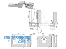 Standardscharnier Clip Top 110 o. Feder Schraub Mittelanschlag 70T3650.TL