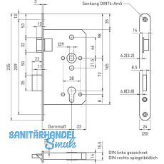 Einstemmschloss BKS 1206, rechts, DM 65, Edelstahl