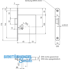 Zusatzfalle BHM 1030 1-flg. EN 179, DM 65, links, Stulp 170 x 24 mm, Edelstahl