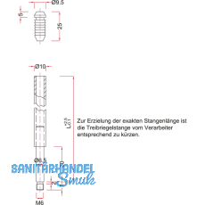 Treibriegelstange BMH 1101, 1500 mm, m. Gleitstopfen f. oben, Stahl verzinkt