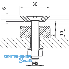 Glaspunkthalter Senk 30, 8 - 20 mm Glas, Edelstahl/Aluminium