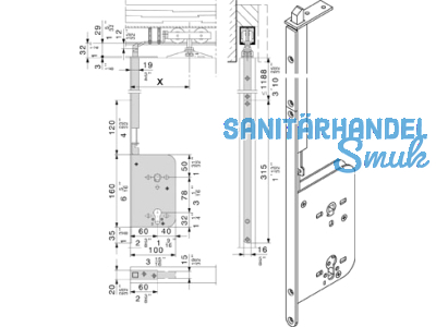 Schiebetr-Stangenschloss 1630.KG.7/60 Dorn 60mm PZ 14350