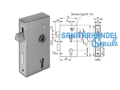 Schiebetor-Schlosskasten blank 140S-40ZW Stulp 40 mm Dorn 60 mm Nuss 8,0 mm 13995