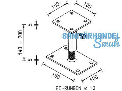 Pfostentr.Verstellb.140-200 Stecksystem Ob.Plat.100x100x6 /U.Pl.160x100x6m.Schr.