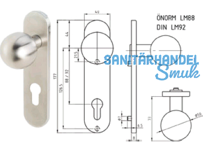 Knopfkurzschild DIN Edelstahl inkl. Schrauben M4x80mm Aussenseite 92mm