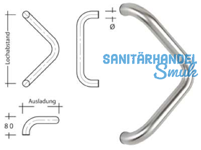 Stossgriff ES 30.350 gkw LA = 350 mm Enden 90 gebogen Ausl. 190 mm Edelstahl