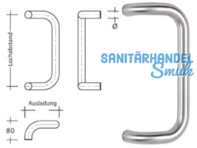 Stossgriff ES 30.300 gk LA = 300 mm Enden 90 gebogen Ausl. 145 mm Edelstahl
