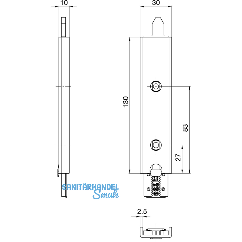 Anschlusseinheit zu Falzhebelgetriebe, Secury Automatic 130 mm, oben, universal