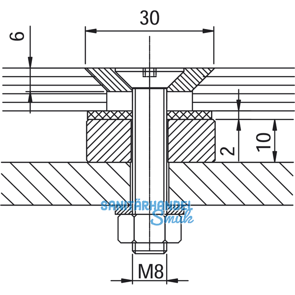 Glaspunkthalter Senk 30, 8 - 20 mm Glas, Edelstahl/Aluminium