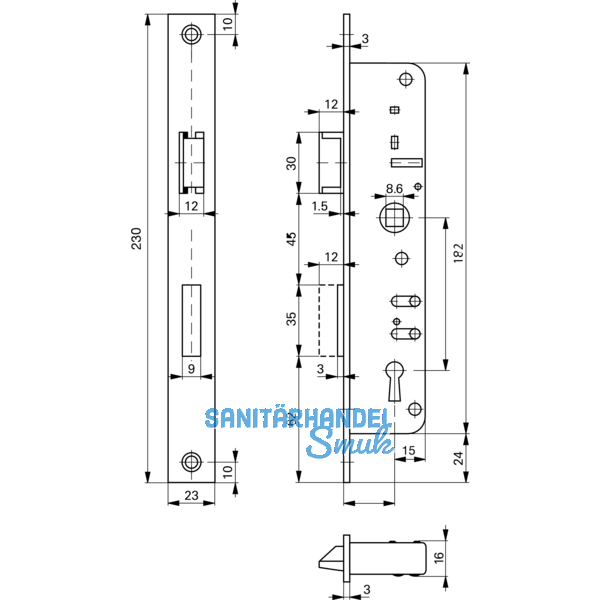 Rohrrahmenschloss Flachstulp m. Falle u. Riegel ROTO 852, DM 35, verzinkt silber