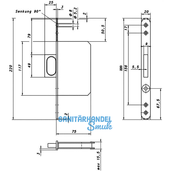 Springriegelkasten 117 x 75 x 15,5 mm, Stulp 220 x 20 mm rund, Edelstahl