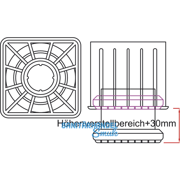 Tischfu Ersatz-Einzelteile Quadra 60 x 60 mm, Verstellteller unten