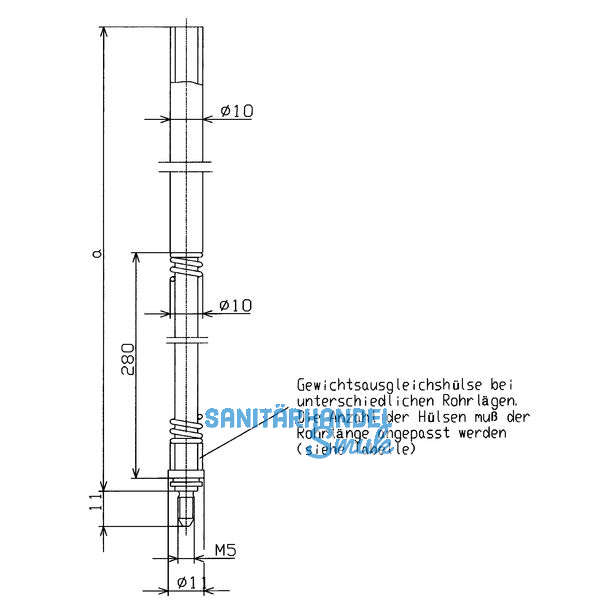 BKS Treibriegelstange 9036, 1635 mm, m. Feder u. Gleitstopfen fr oben, verzinkt