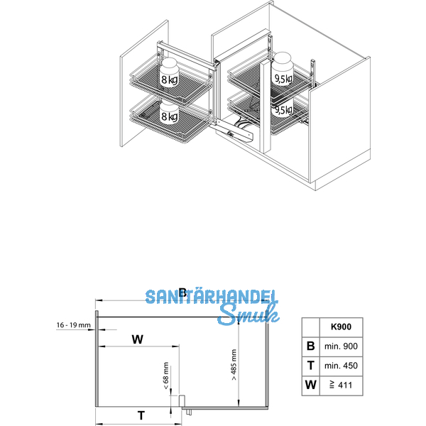 Vauth&Sagel WACO Eck-Schwenkbeschlag rechts, KB900mm, silberfarbig