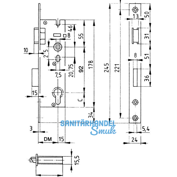 Rohrrahmenschloss Flachstulp m. Falle u. Riegel, PZW, DM 20, Edelstahl